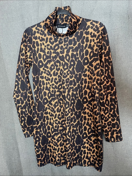 PrettyLittleThing Dresses & Skirts - PrettyLittleThing Leopard Print Mini Dress Ribbed Mock Neck Long Sleeve Brown 10